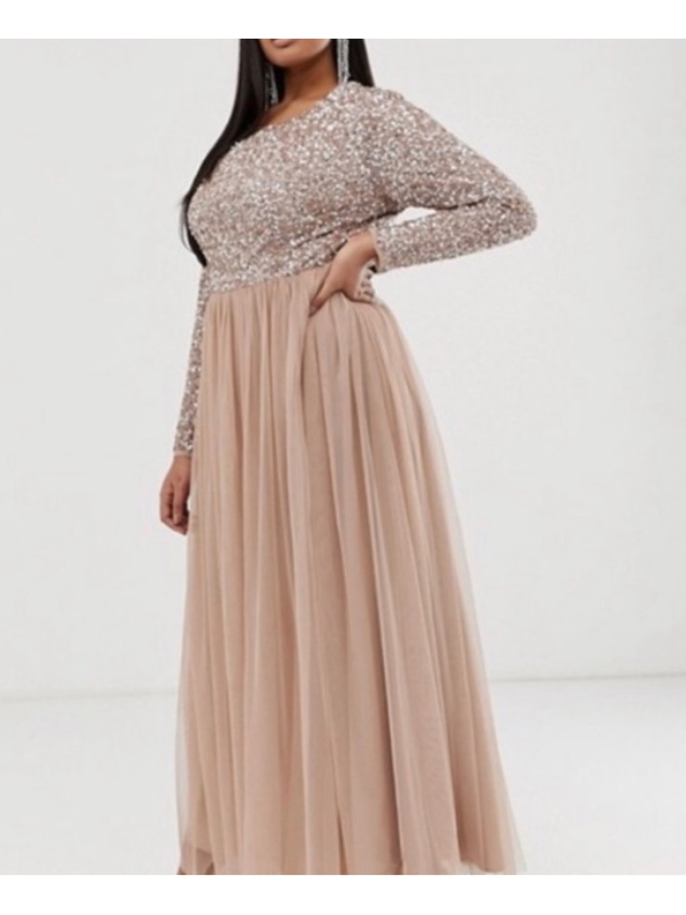 Maya deluxe  brides maid dress Long Sleeve Tulle Maxi Dress in Blush sz 22